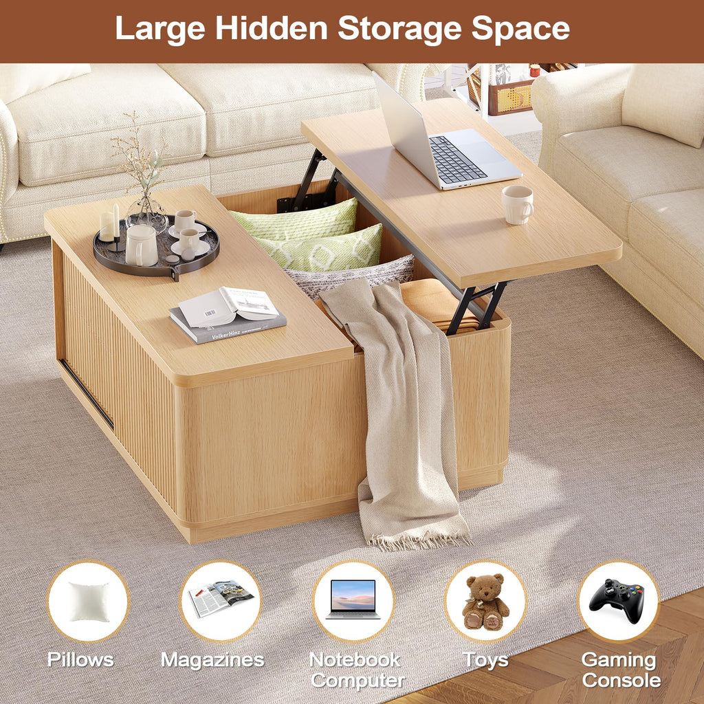 39.4'' Lift Top with Storage, Fluted Coffee Tables, Square with Large Hidden Compartment & 2 Drawrs & Adjustables
