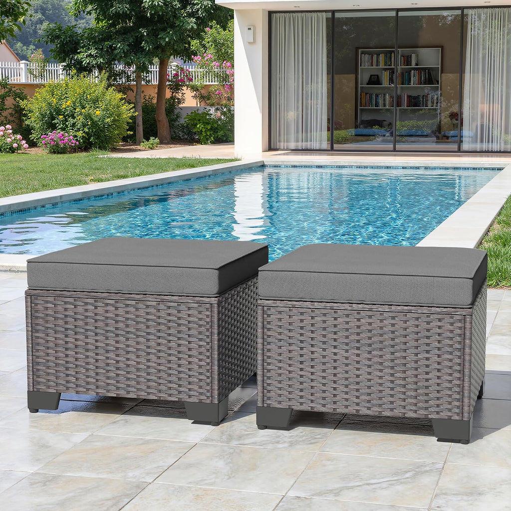 Outdoor Ottoman Set of 2,Footstool with Thickened Cushion,Grey | All-Weather PE Rattan,Removeable Thick