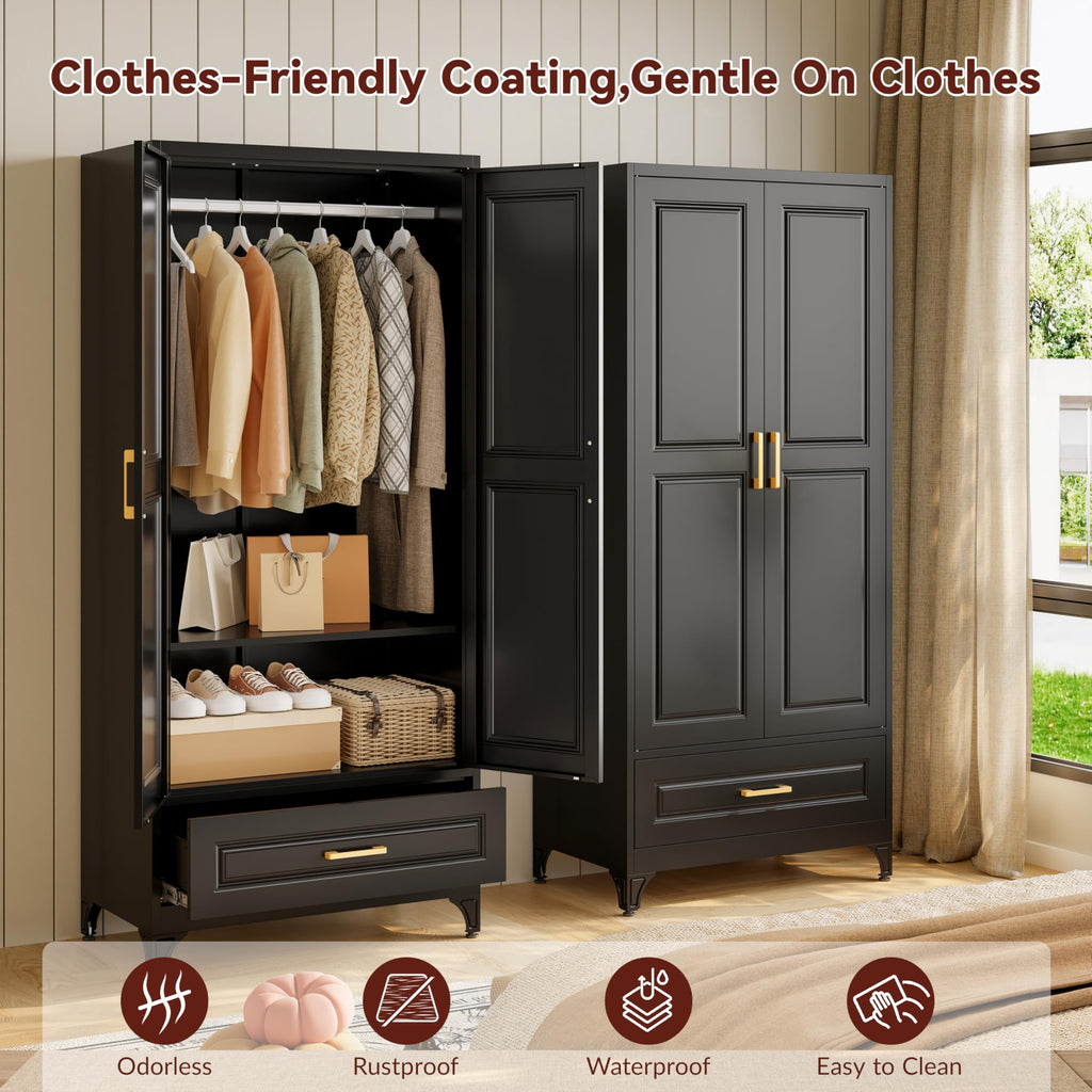 71" Tall Wardrobe Closet with Doors and Adjustable Shelves, Black