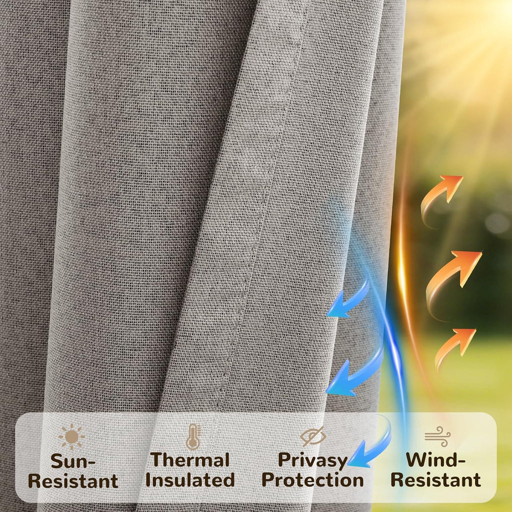Linen Outdoor Curtains Waterproof with Zipper Blackout Curtains 2 Panels Top & Bottom Grommet Patio Outdoor Privacy