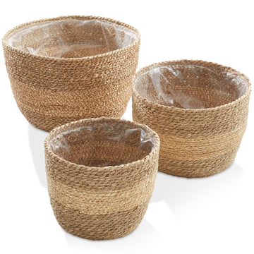Set of 3 Seagrass Planter Baskets with Liners - Two-Tone, Hand Woven Indoor Flower Pot Covers for Plants, Succulents
