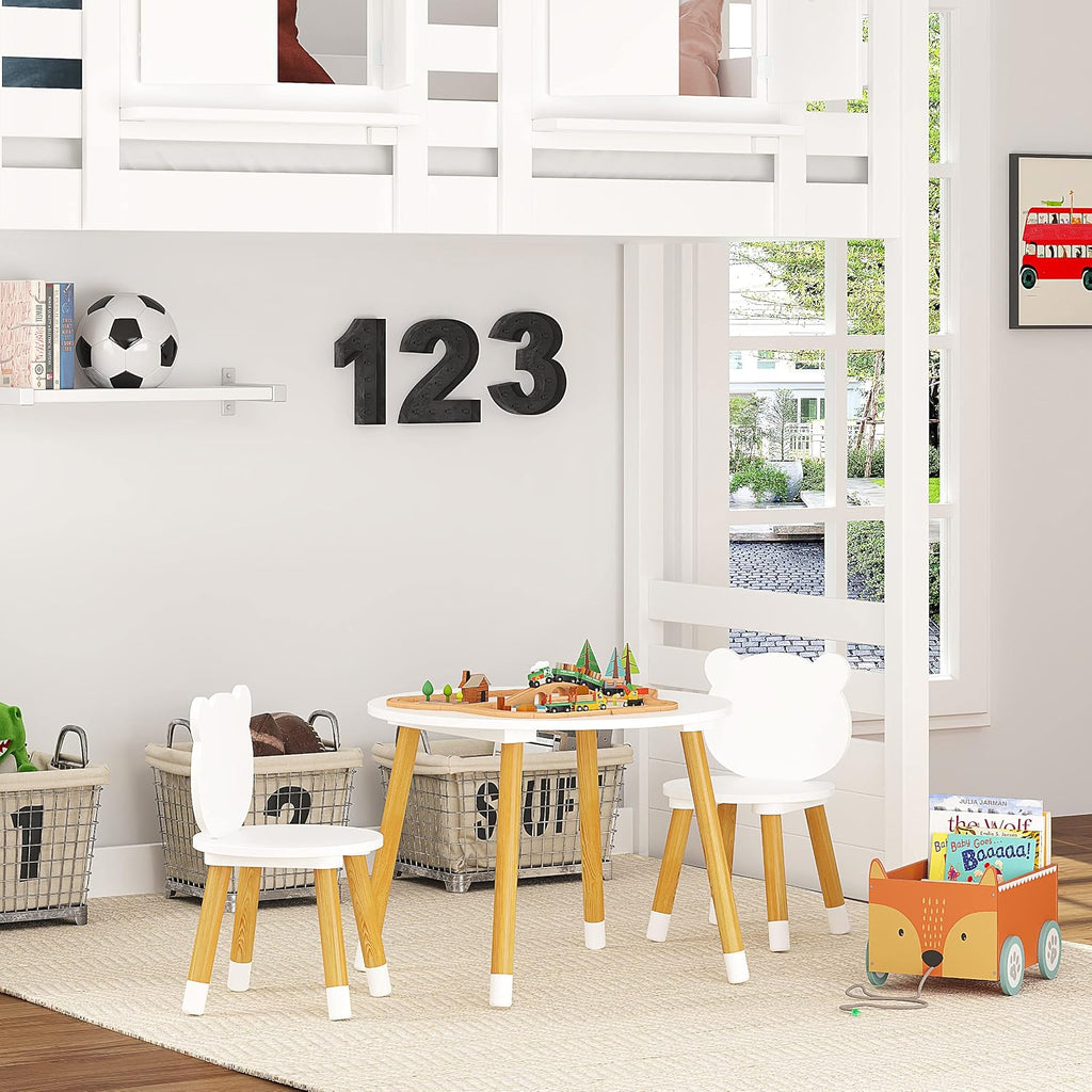Bear-Themed Wooden Toddler Table and Chair Set for Kids' Room,White