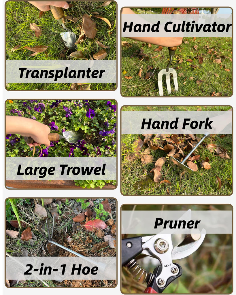 Garden Tool Set, 6PCS Heavy Duty Stainless Steel Gardening Hand Tools with Ropes, Includes Hand Cultivator Shovel