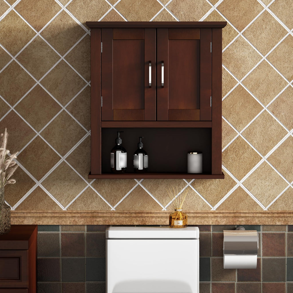 Wood Bathroom Wall Cabinet with Door, Dark Cherry Medicine Cabinet