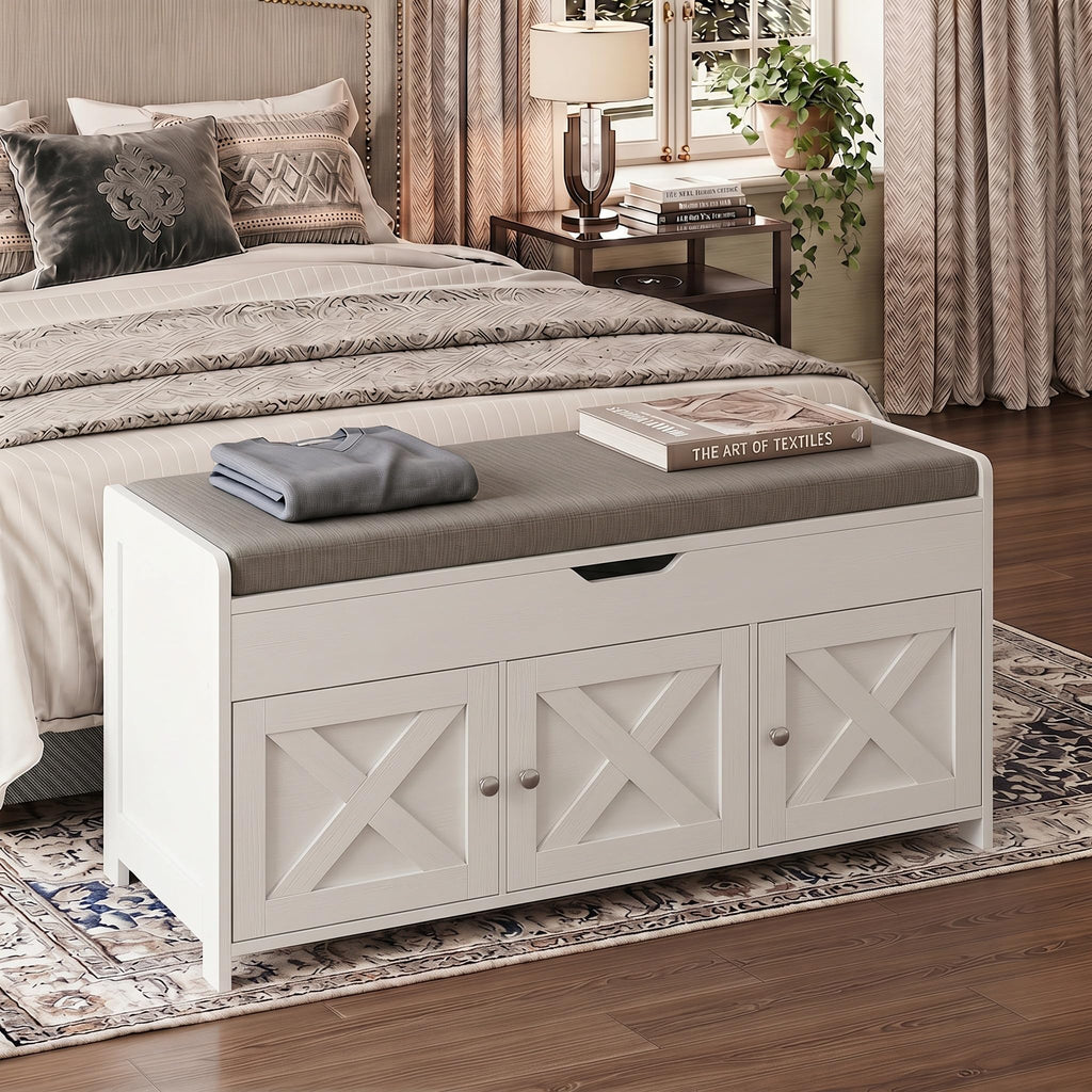 Shoe Storage Bench with Seating, Farmhouse Entryway Bench, White