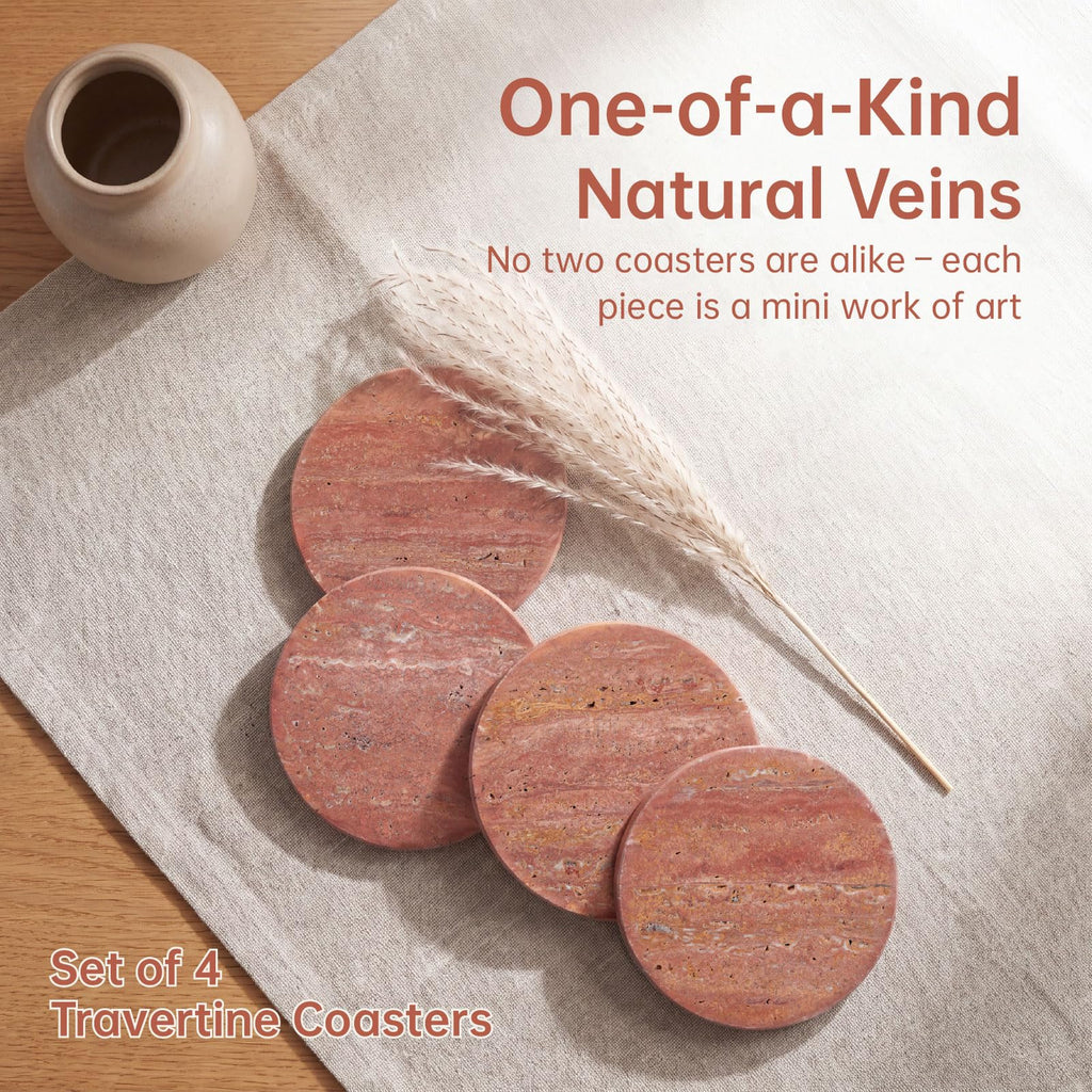 Red Travertine Coasters Set of 4, 10cm Diameter Natural Stone Coasters with Non-Slip Cork Backing, for Coffee Table