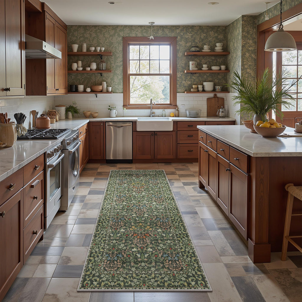 Washable Kitchen Runner Rug, Non Slip Mat, Emerald Green
