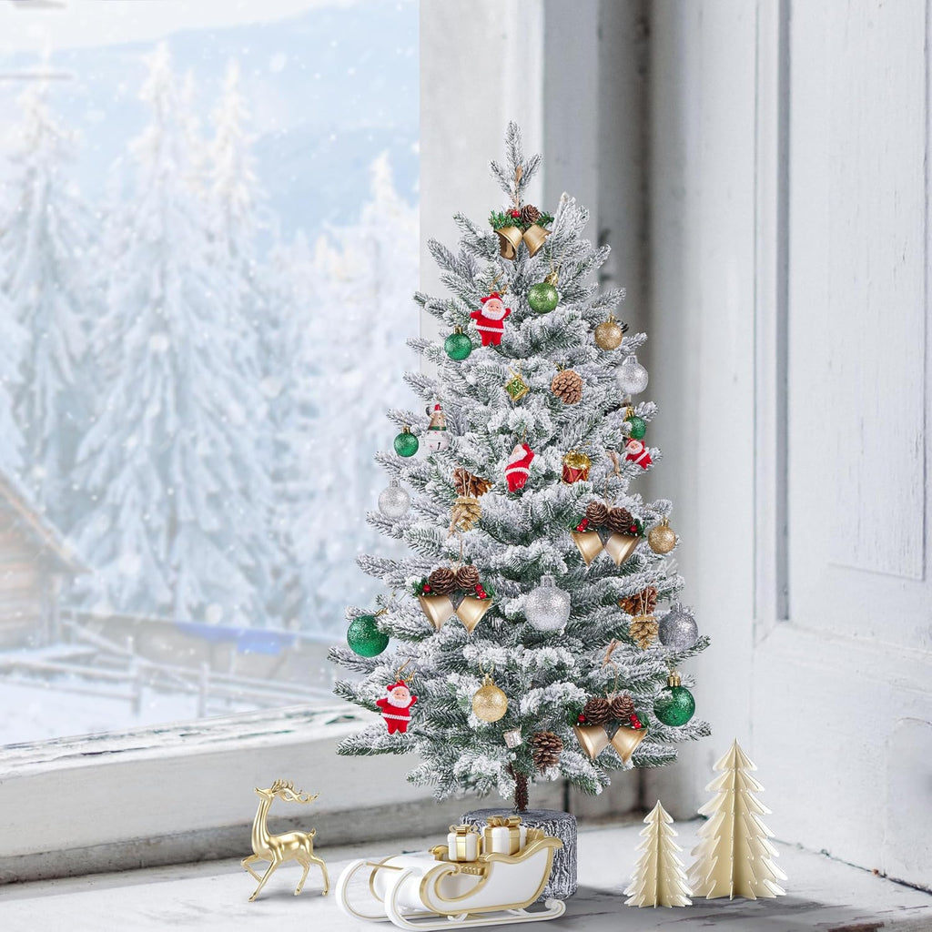 3FT Pre-lit Potted Flocked Christmas Tree, Snow Frosted Mini Tabletop Artificial Christmas Tree with 50 Warm White