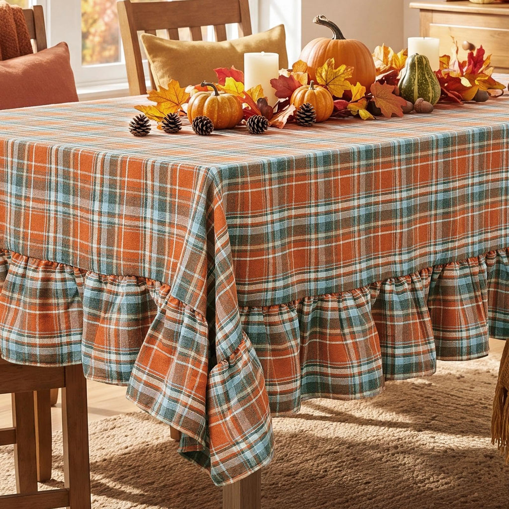 Thanksgiving Plaid Ruffled Tablecloth Rectangle 60x120 Inch Rust