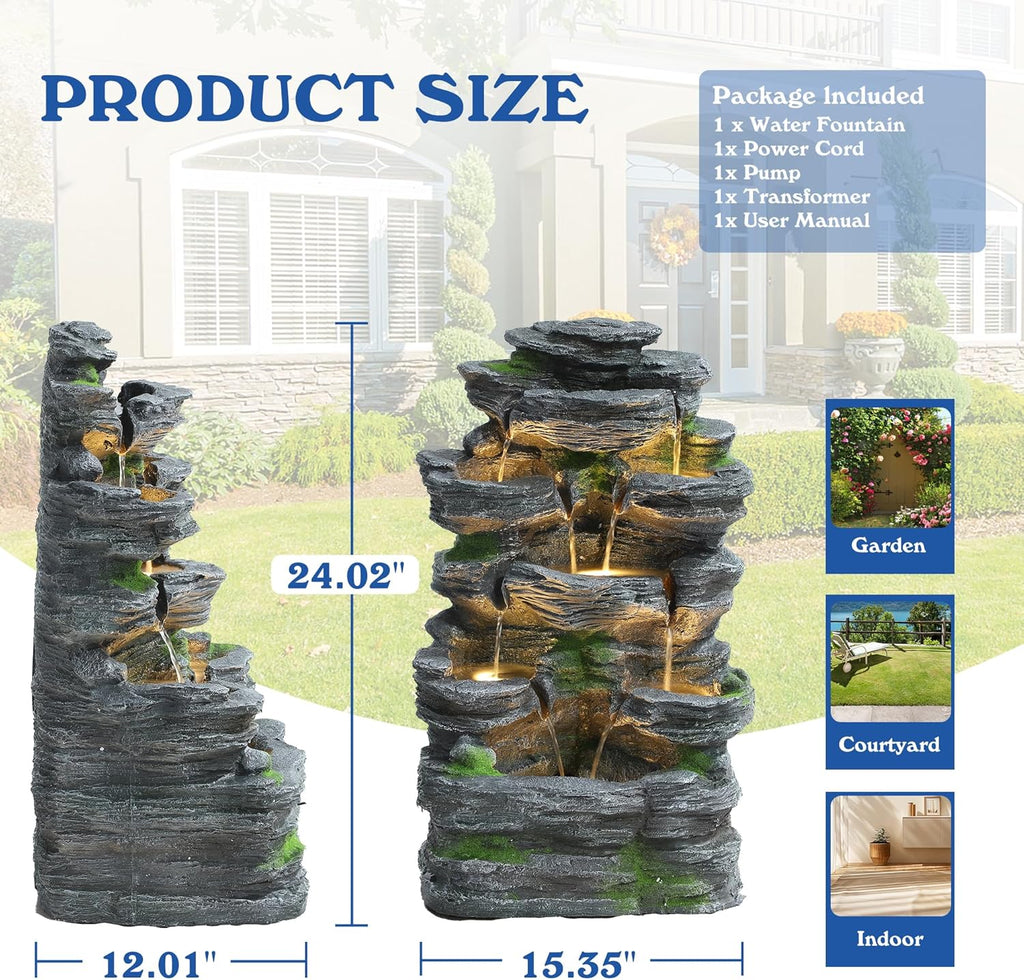 7-Tiers Cascading Rock Water Fountain Outdoor
