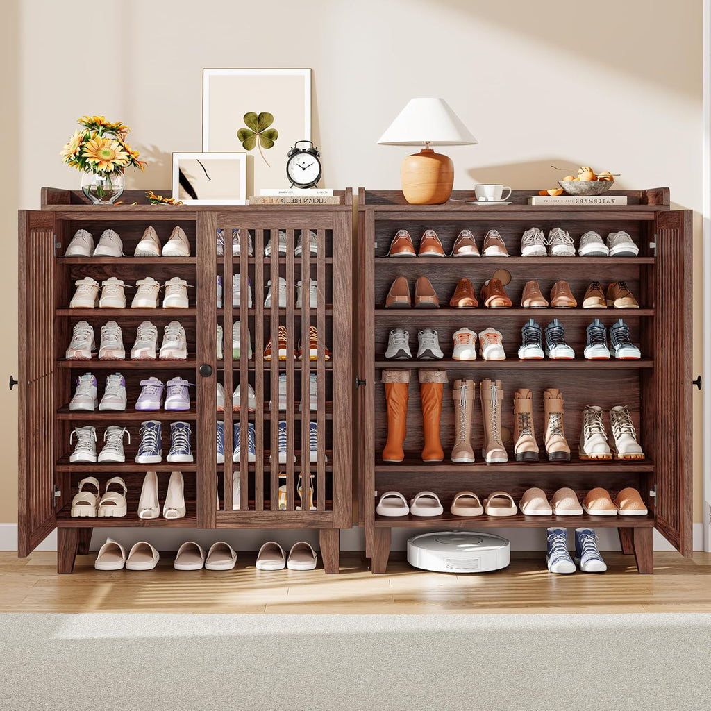Shoe Cabinet with Slatted Doors, 6-Tier Shoe Storage Cabinet with Adjustable Shelves, Wooden Shoe Rack Organizer