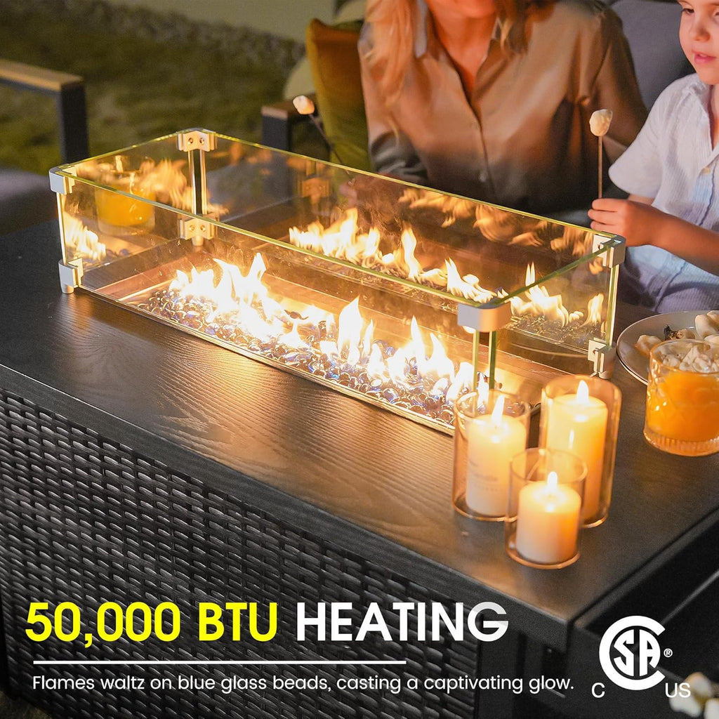 52 Inch Outdoor Fire Pit Table, 50,000 BTU Propane Fire Table with Storage Shelf, Glass Wind Guard and Lid