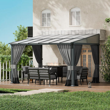 10x12FT Gazebo, Hardtop Wall Mounted Gazebo with Sloping Sun Panel Roof, Awnings with Metal Frame, Double Curtains Sand