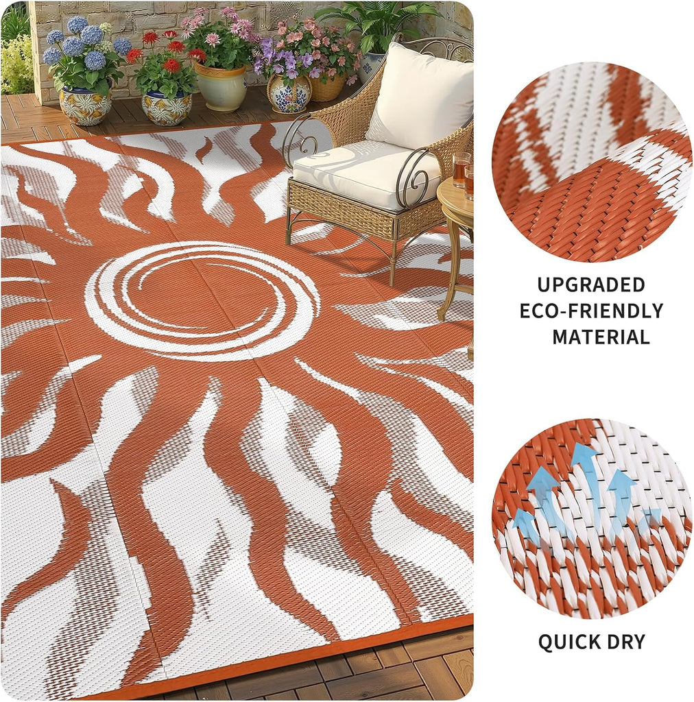 Outdoor Rug 9x12 Waterproof Patio Rugs with Boho Sun Pattern, Reversible Plastic Straw Camping Rugs Outdoor Indoor RV
