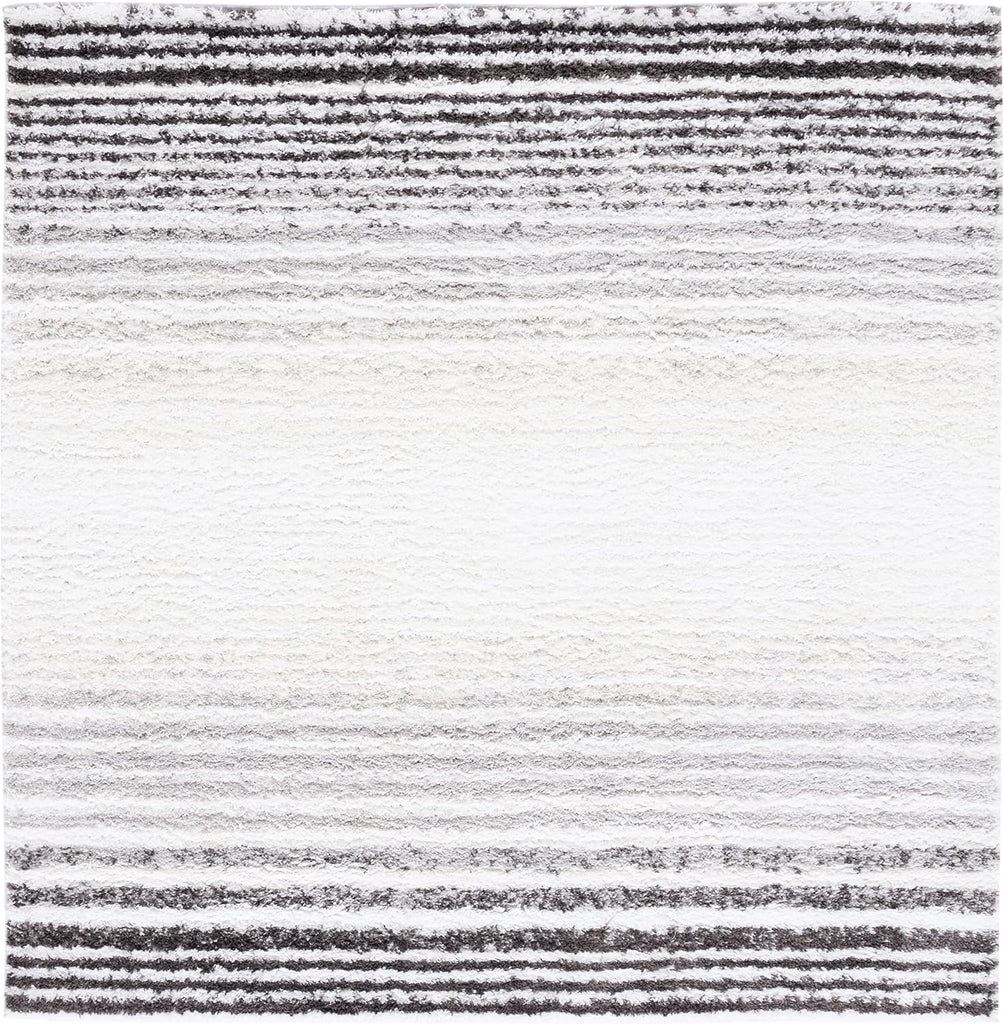 Berber Shag Collection Area Rug - 7' Square, Ivory & Grey, Stripe Design, Non-Shedding & Easy Care, 1.25-inch Thick