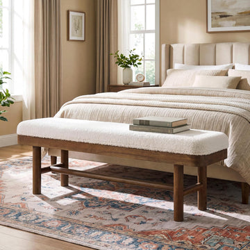 55" Upholstered Bedroom Bench, Solid Wood End of Bed Bench, Modern Indoor Bench with Cushion , White & Brown