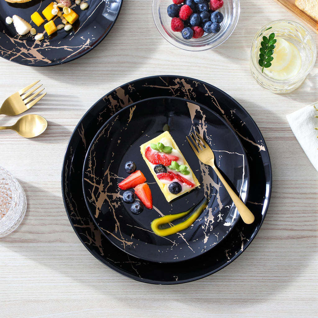Plates and Bowls Sets for 4, 12 Pieces Porcelain Dinnerware Sets, Black and Gold Dish Set Gold Splash Dishware Sets