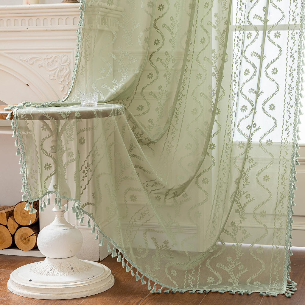 Boho Lace Curtains 2 Panels 72 Inch -Vintage Victorian Sheer Panel Drape French Country Floral Pattern & Tassel Light