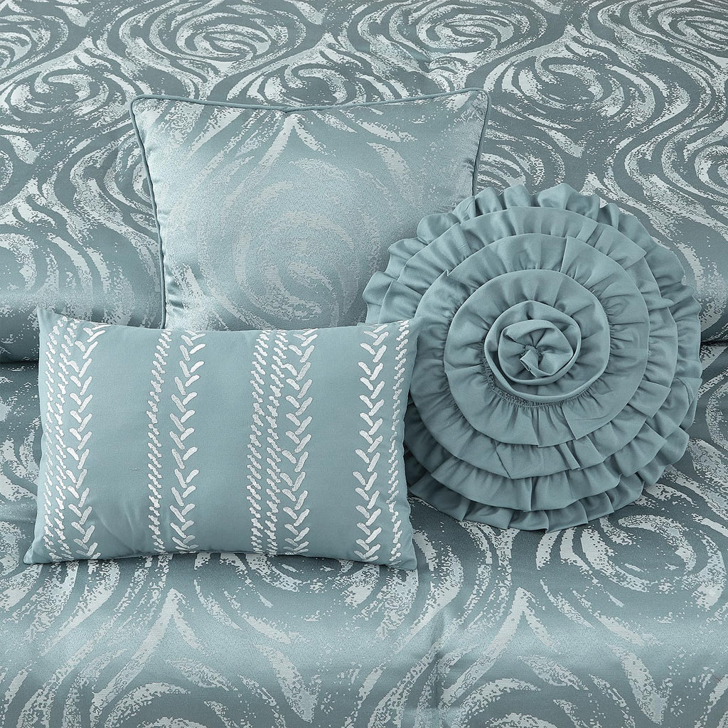 Blue 7 Piece Comforter Set, Elegant Floral Jacquard, Ultra Soft Bed Set for All Seasons, Bed in a Bag, Include