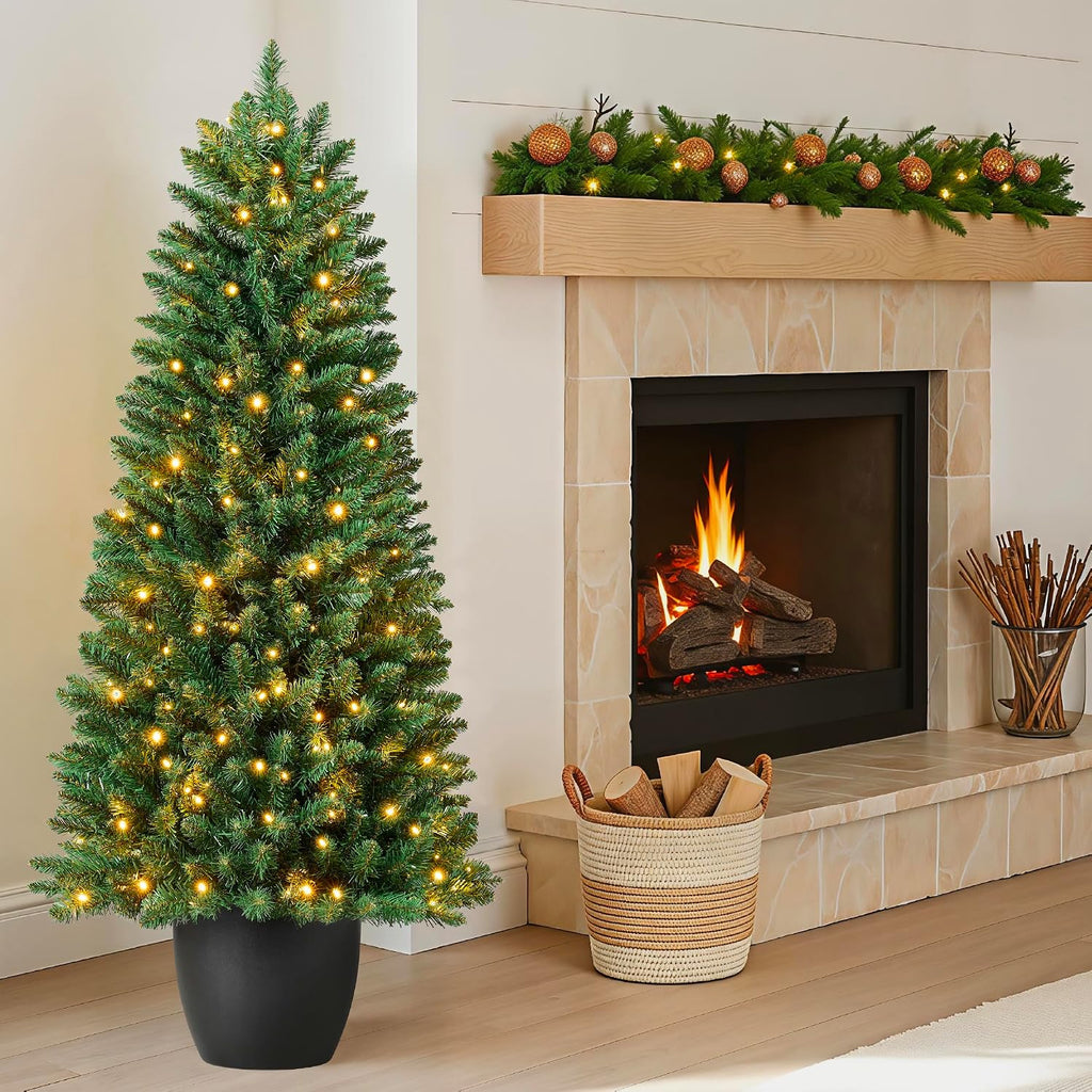 Prelit Potted Pencil Christmas Tree, 6Ft Artificial Lighted Holiday Décor, 250 Twinkling LEDs , Front Porch