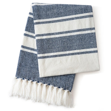 Chenille Throw Blanket with Knotted Tassels 50x60, Blue Stripe