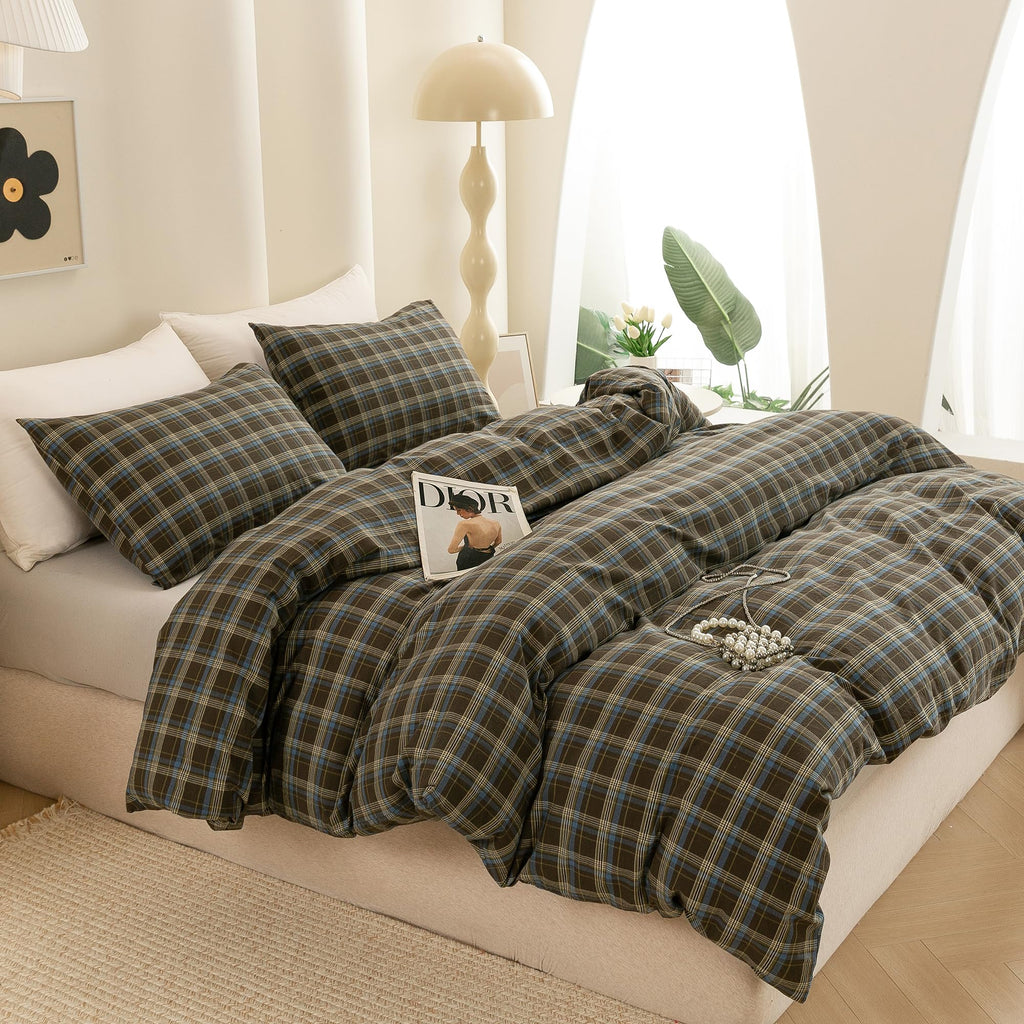 Cotton 3 Pcs Duvet Cover Set Linen Feel Brown & Blue Plaid King
