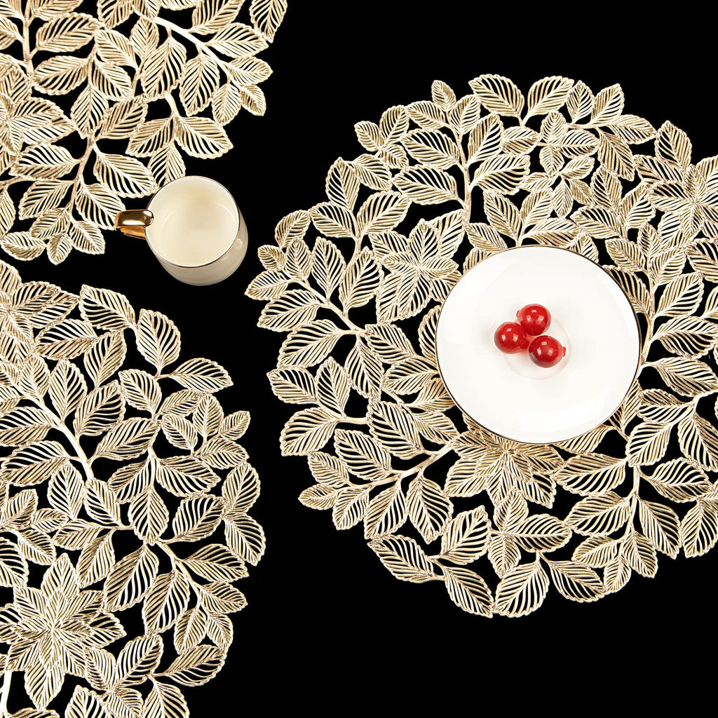 Gold Leaf Placemats Set of 8 Metallic Round Table Placemats