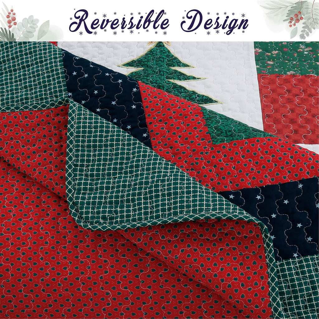 Christmas True Patchwork Wreaths Pine Tree Stockings Rustic Reversible Quilt Bedding Set, Coverlet Bedspread (Happy