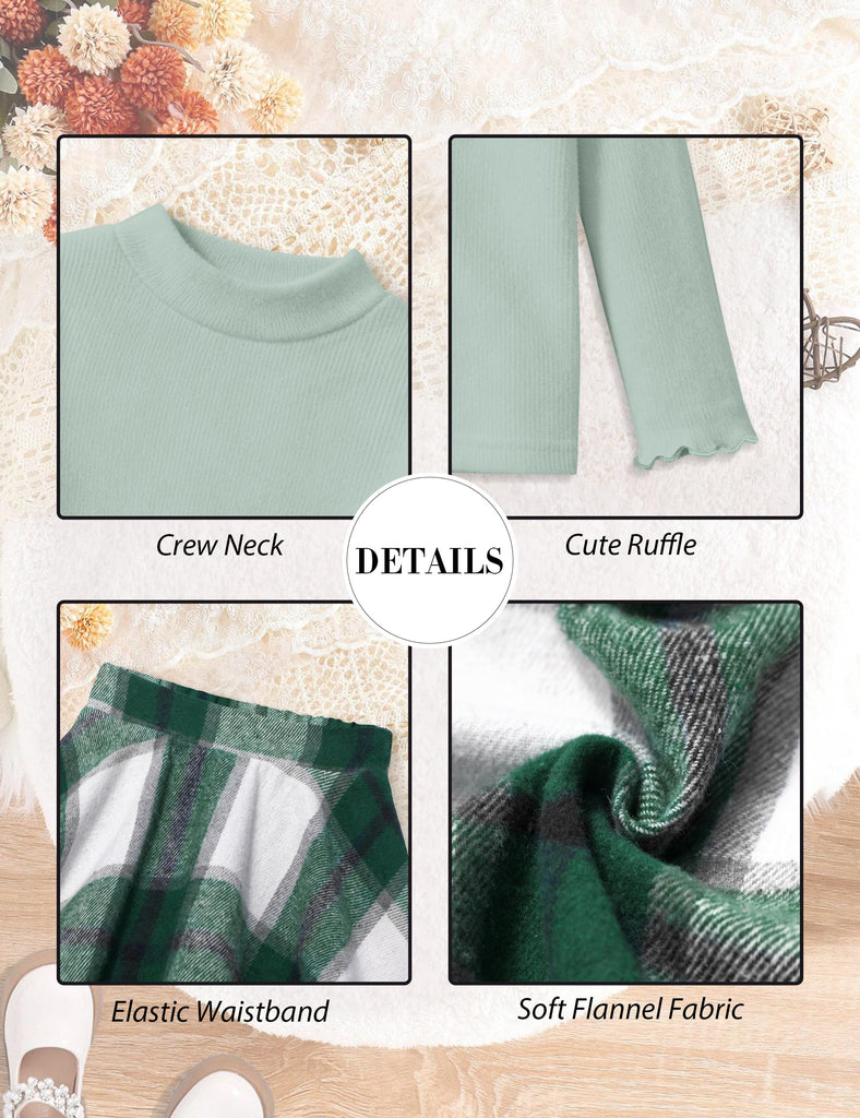 Toddler Girls Clothes Girls Clothes Long Sleeve Crew Neck Knit Shirts and Green White Plaid Skirt Leggings