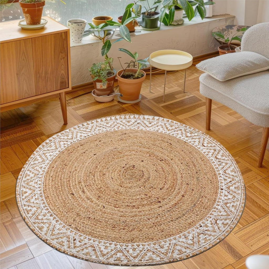 Premium Natural Jute Braided Area Rug, 6-feet Round, White Printed Border, Stain Resistance, Natural Handmade Rug s