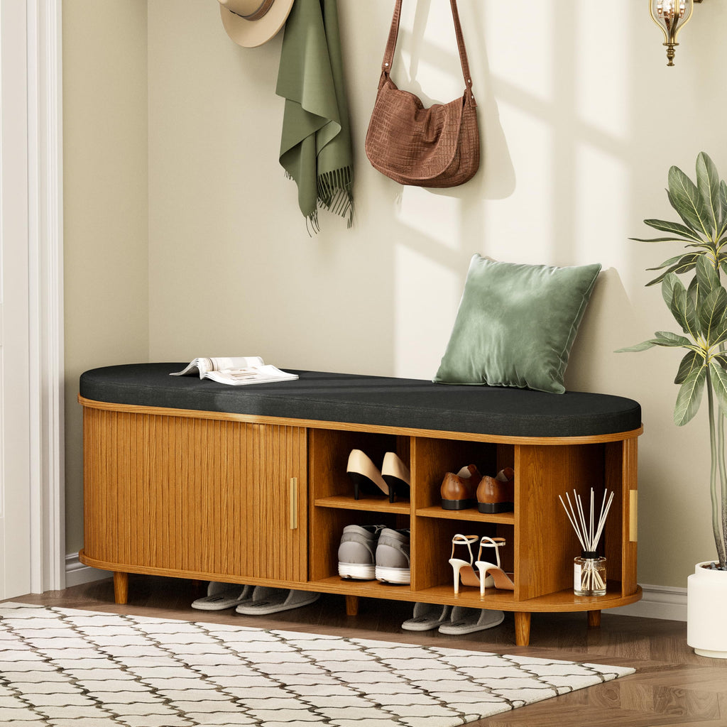 2-Tier Storage Bench, Wide Shoe Bench with Thickened Padded Seat Cushion, Mid Century Modern Fluted Sliding Door and