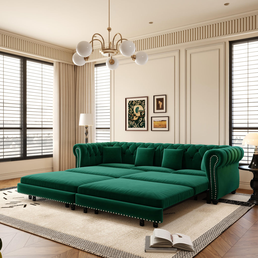 89'' Pull Out Couch King, Velvet Chesterfield Sleeper Sofa Bed, Green
