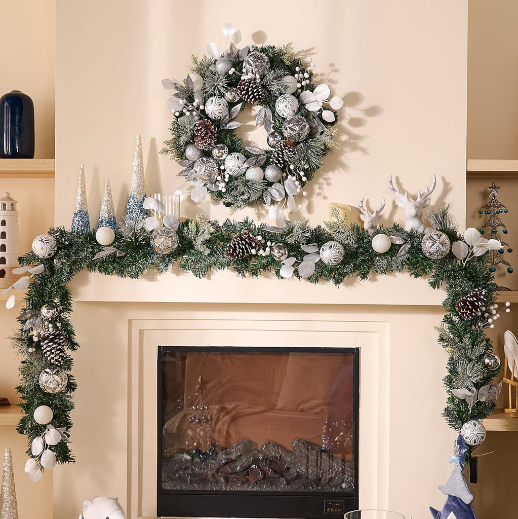 24'' Pre-Lit Christmas Wreath for Front Door with Light, Large Lighted Outdoor Christmas Wreath with Silvery White