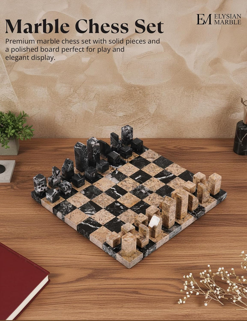 Modern Chess Set - Handcrafted Borderless Marble Chess Board with Minimalist Geometric Pieces, Luxury Decorative