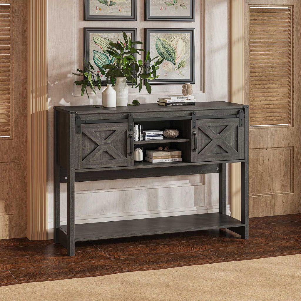 46" Entryway Console Table with Drawers & Sliding Barn Door, Wood Sofa Table with Adjustable Shelf, Suitable, Foyer &