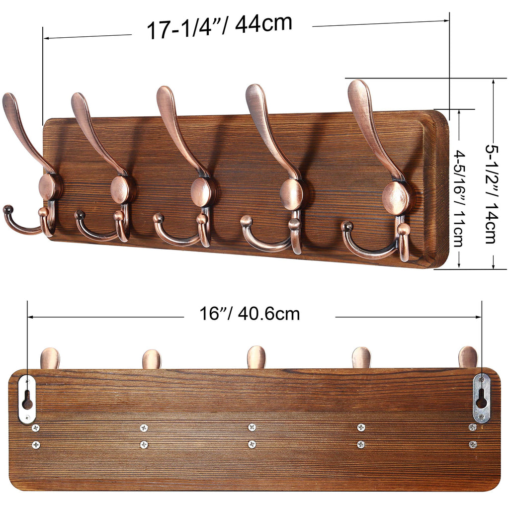 Rustic Pine Wood Wall Coat Rack with 5 Triple Hooks, 16" Stud Spacing, Farmhouse Wall Mounted Coat Rack for Hanging