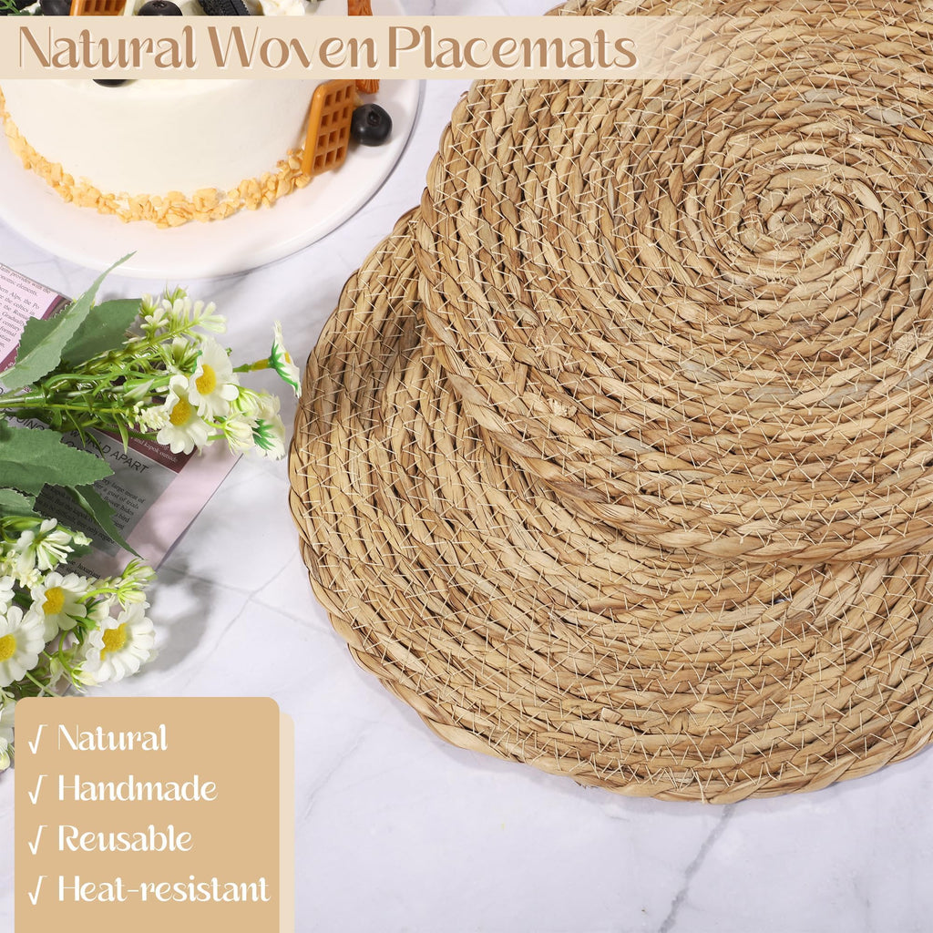 12 Pcs 12'' Round Bulrush Placemats, Natural Hand Woven Table Mats