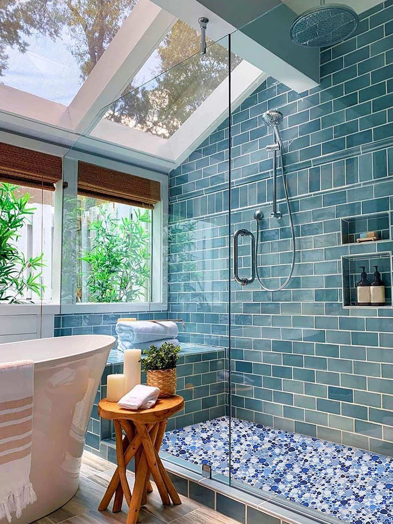 Blue Shower Floor Pebbles Tile Bathroom Mosaic Backsplash Wall Tiles (5 Sheets)