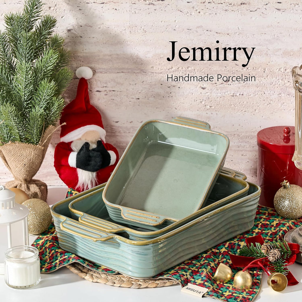 Ceramic Dish Set of 3, Casserole Dishes for Oven, Square Porcelain Bakeware Set with Handles, Lasagna Pan for