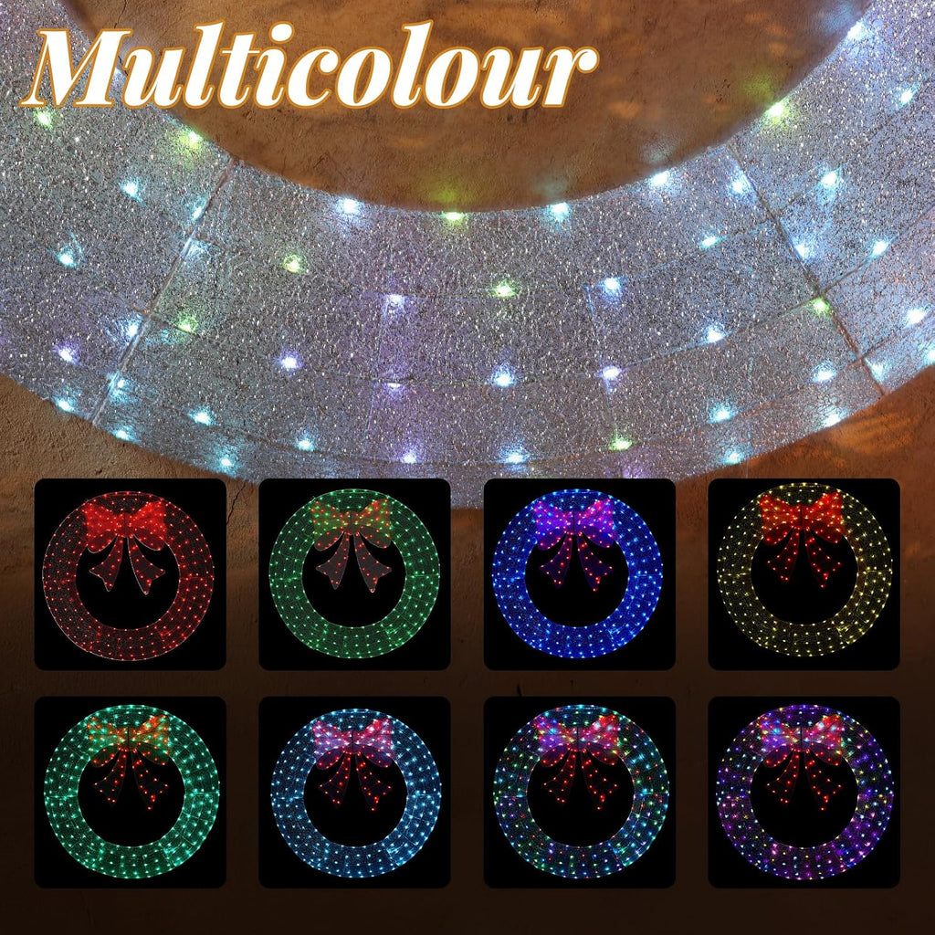 60IN Prelit Outdoor Christmas Wreath Decoration, Large Silver Lighted Metal Front Door Garland with Pink Bow, 280 RGB