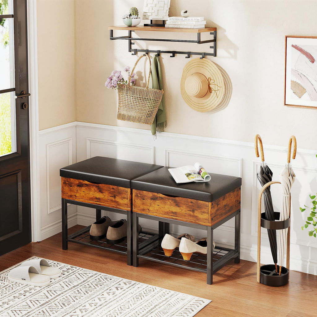 Shoe Storage Bench, Small Ottoman with Storage, Padded Seat, Brown