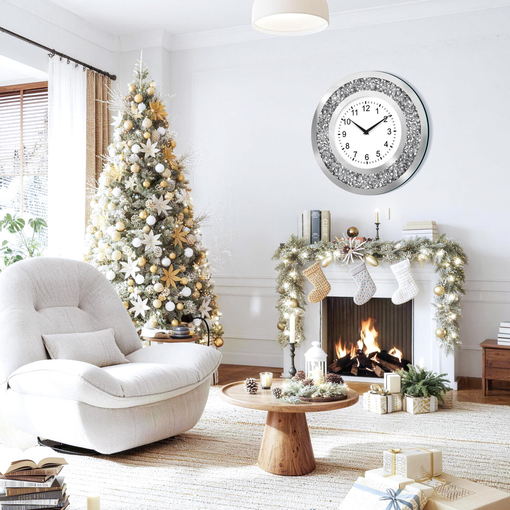 Crystal Crushed Diamond Mirrored Wall Clock Silent Clock for Wall Décor