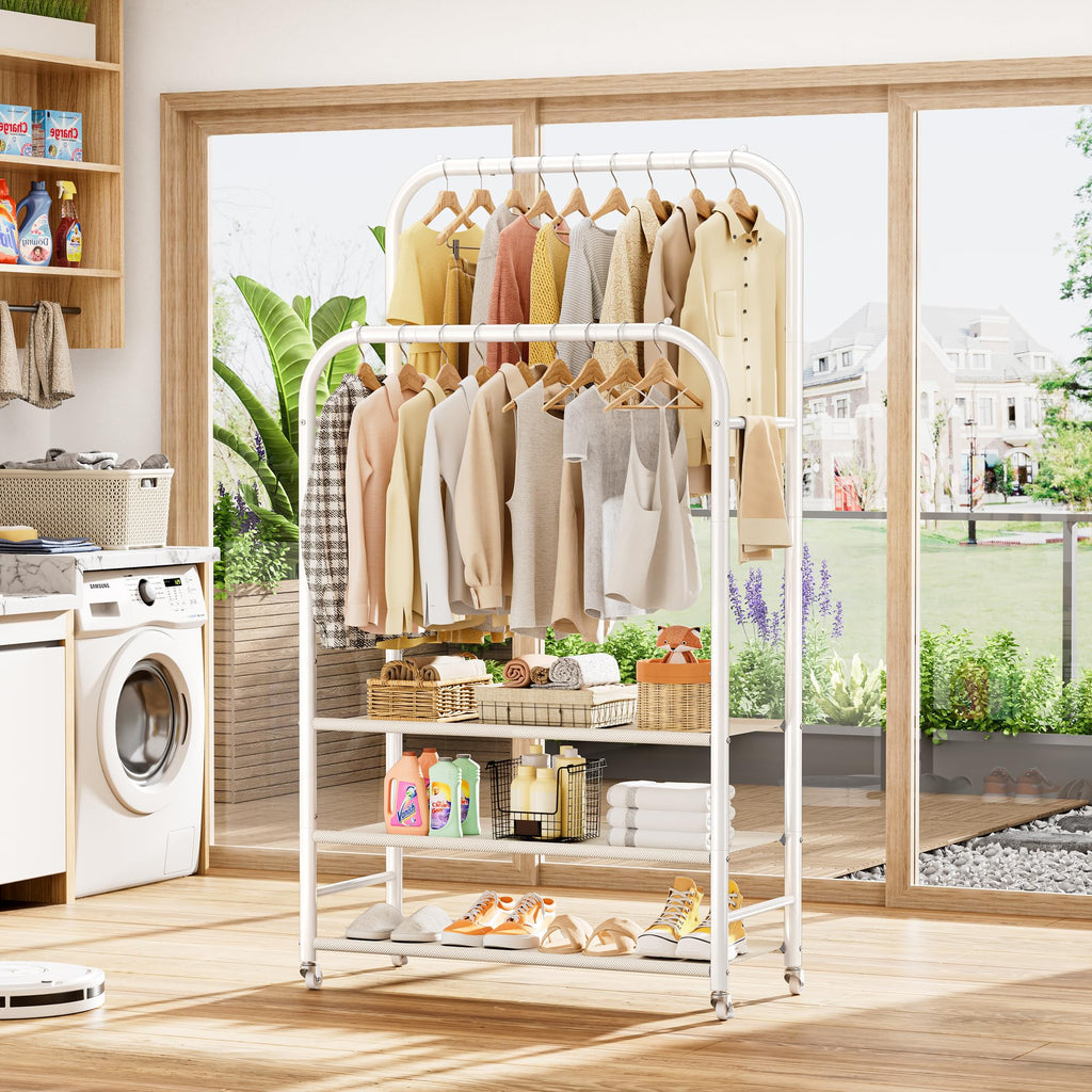 Clothes Rack, Double Rods Clothing Rack with 3 Tier Shelve&Wheels