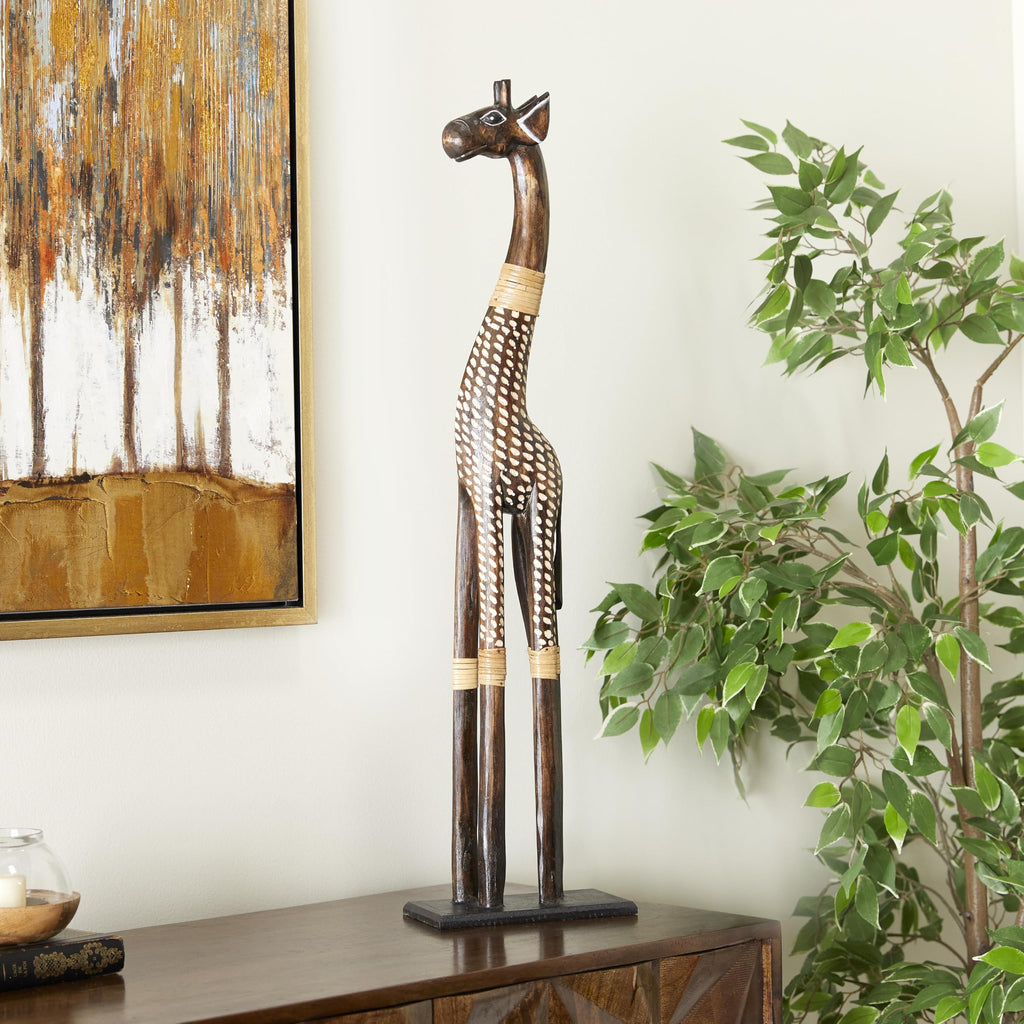 Wood Giraffe Decorative Sculpture Home Decor Statue, Accent Figurine 8" x 4" x 31", Dark Brown