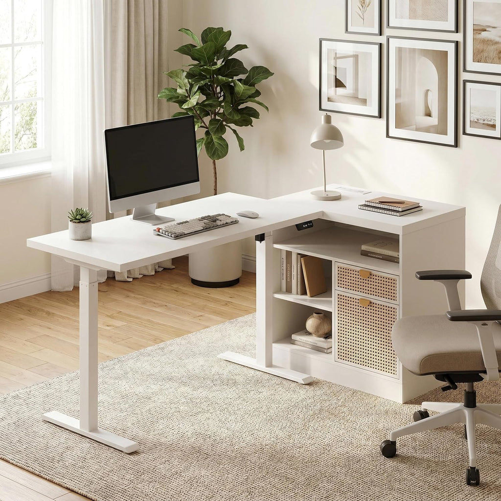 67" L-Shaped Electric Standing Desk with 2 Drawers & Storage | Corner Height Adjustable Sit Stand Desk with File