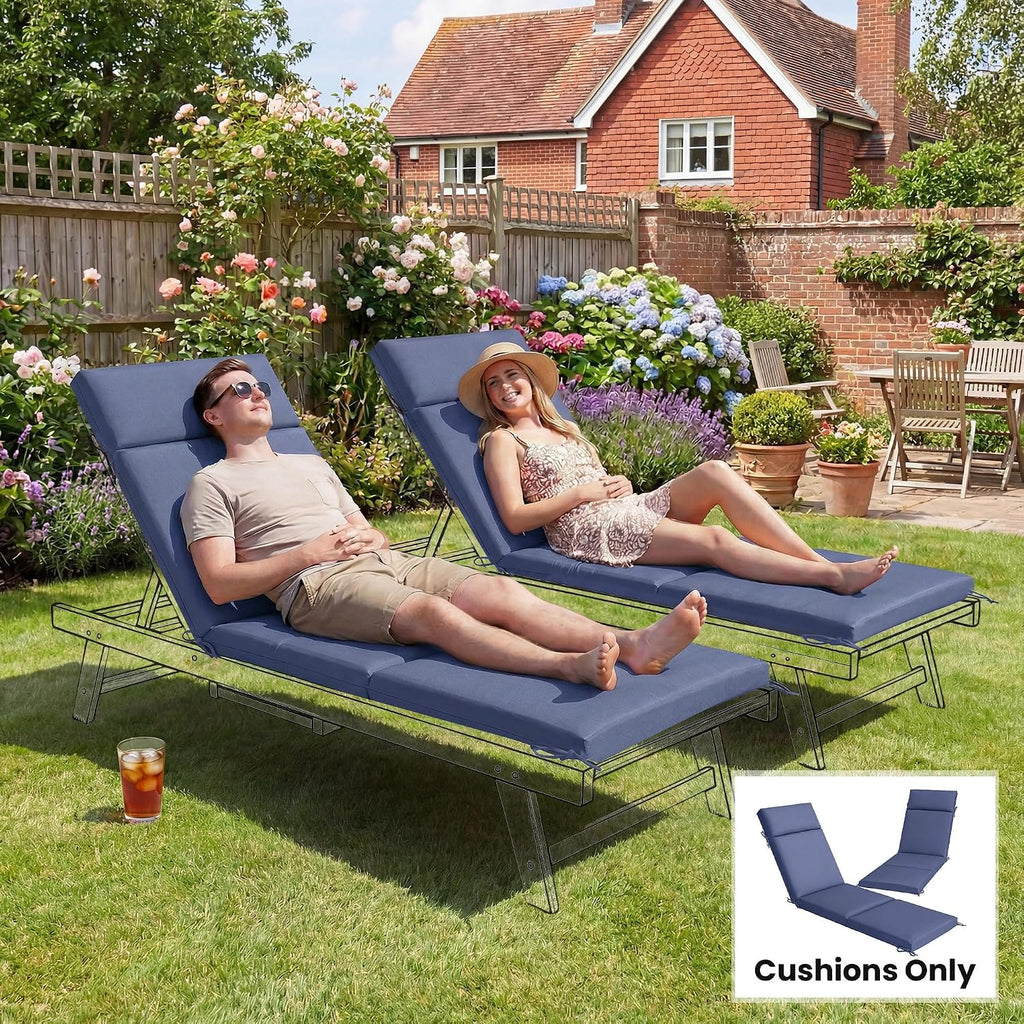 Outdoor Chaise Lounge Cushions Set of 2, Navy Blue | 6 Ties, High-Density Foam, Water-Repellent, UV-Resistant, Patio