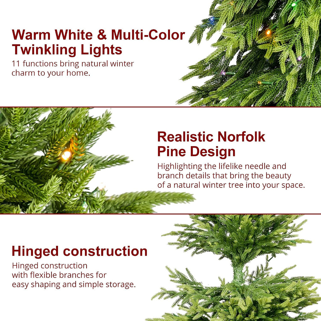 Artificial Norfolk Pine Tree, Prelit Christmas Tree with 200 Twinkling LED Lights, 398 PE Tips, Realistic Slim