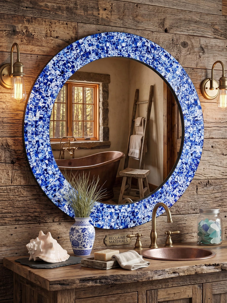 24" Round Mosaic Wall Mirror Sapphire Blue & Silver Glass Tile Frame Handmade Decorative Accent Mirror Bathroom