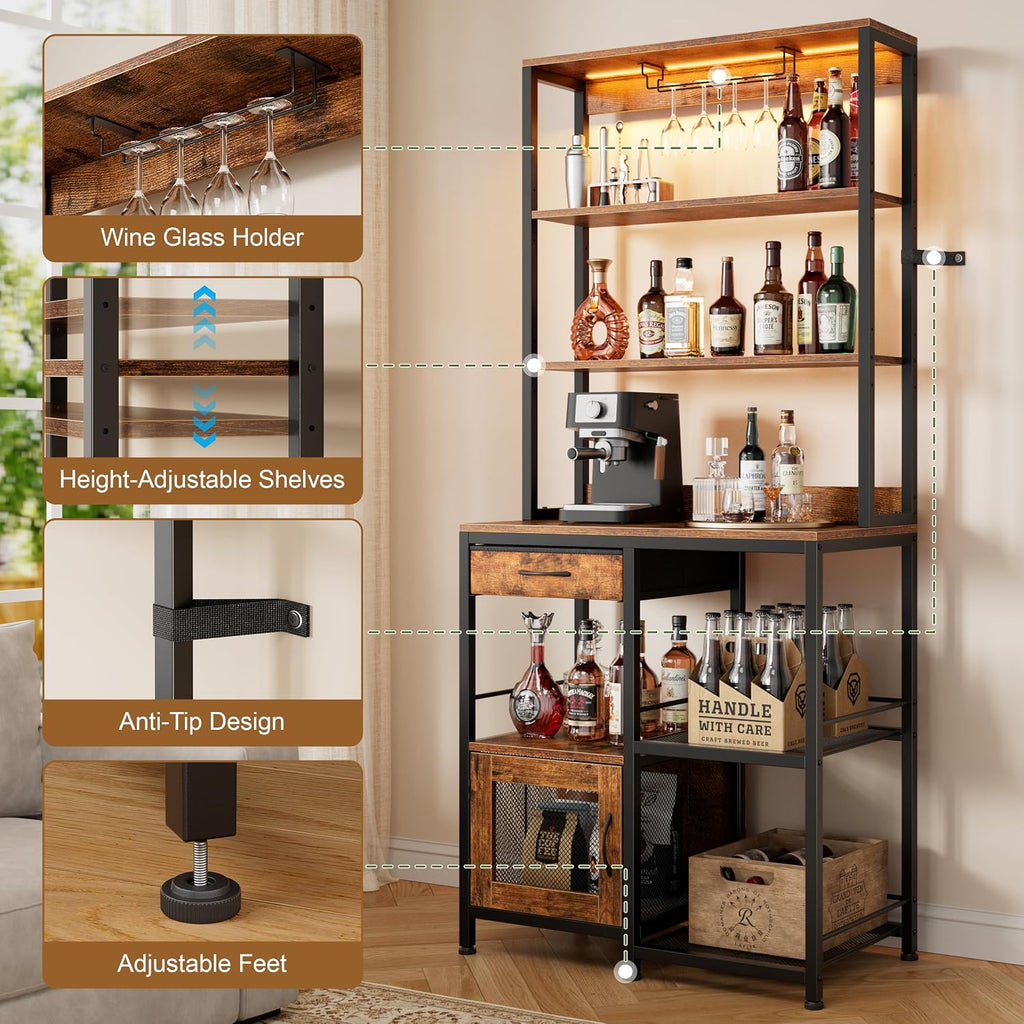67.7" Tall Bar Cabinet with Power Outlets | Coffee Bar Cabinet, Glass Holder, Liquor Cabinets with LED Lights, Mini