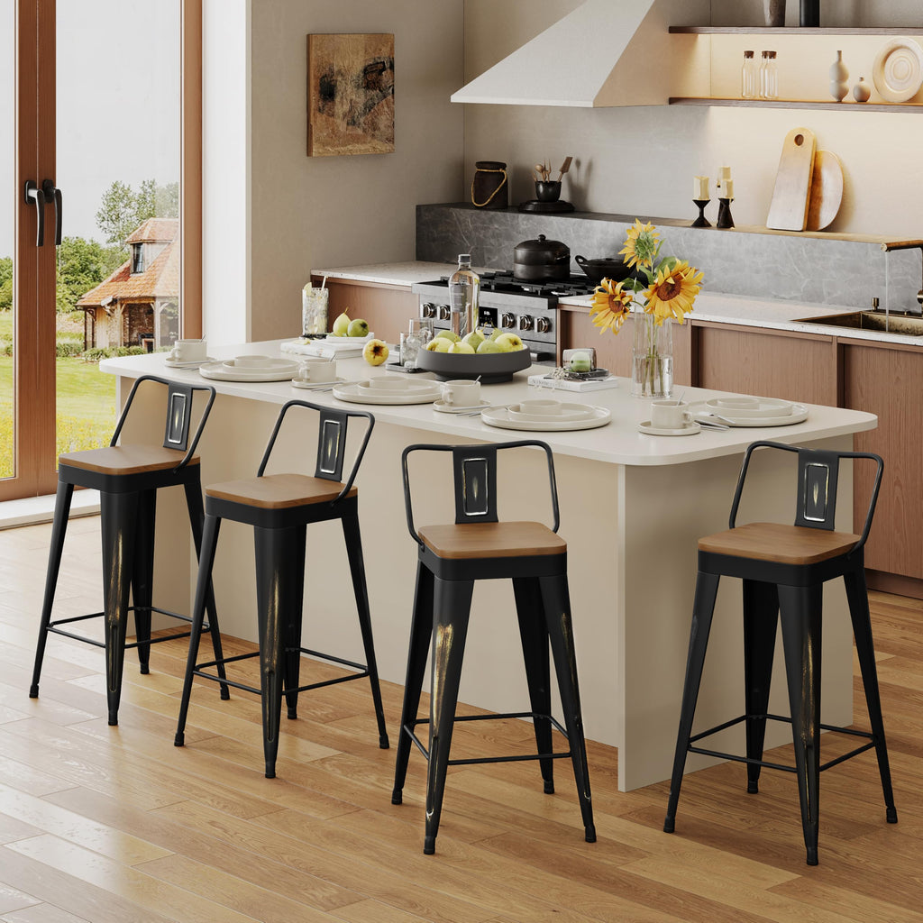 Bar Stools Set of 4, 26" Distressed Barstools, Gold Black